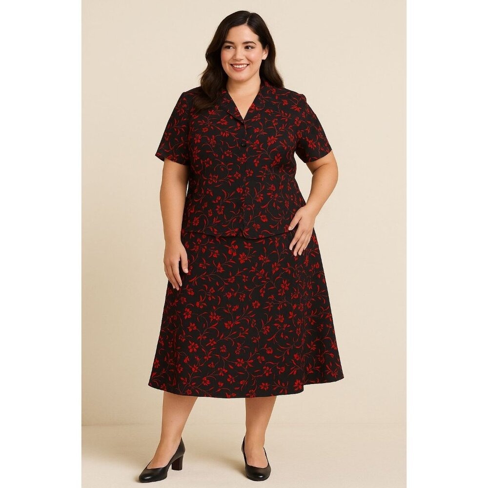 Pendleton‎ Vintage 2pc Skirt Set 16W Black Red Floral Gothic Midi Dark Academia